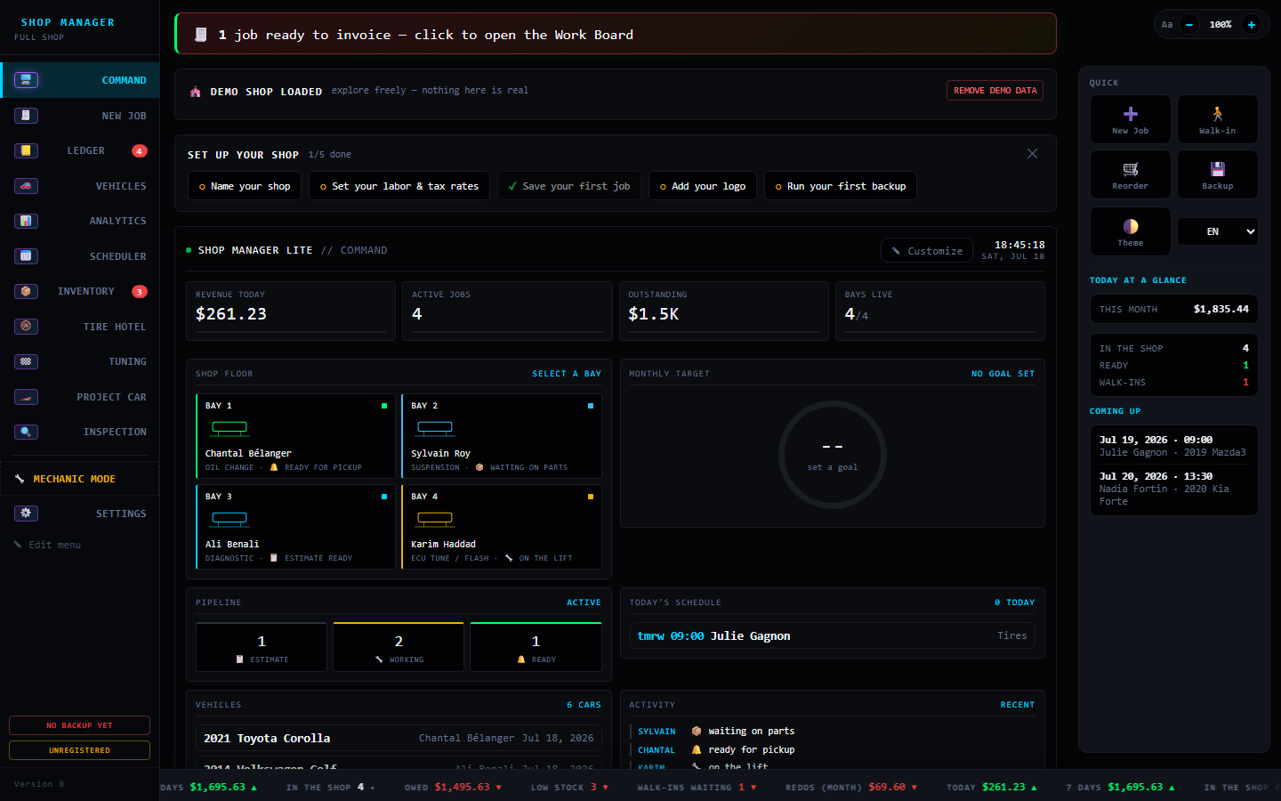 Shop Manager Lite — Command view with live bays, revenue, pipeline and schedule