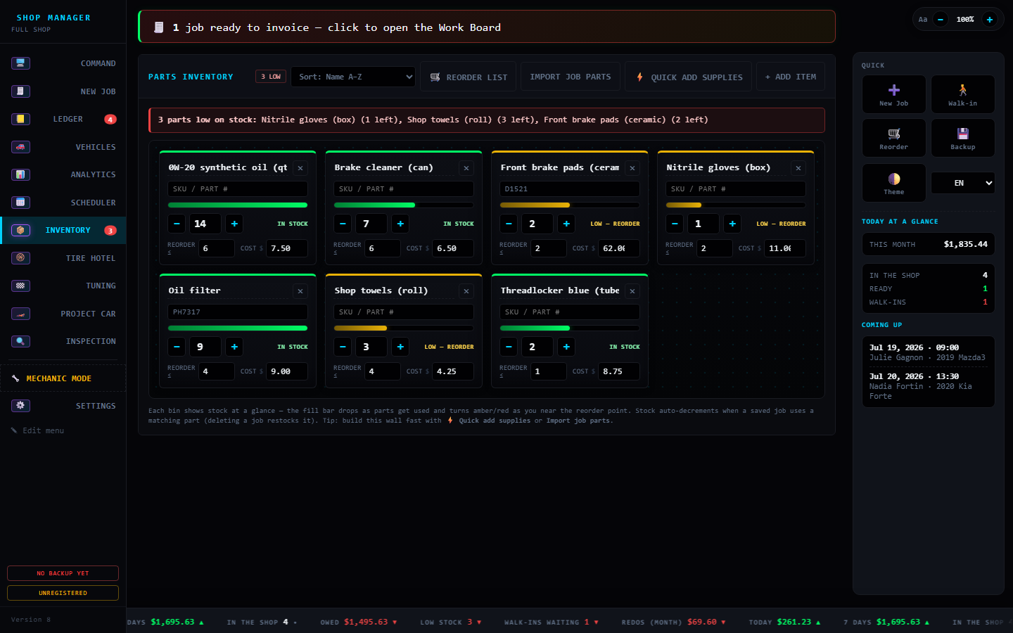 Inventory parts wall with live fill gauges and low-stock warnings
